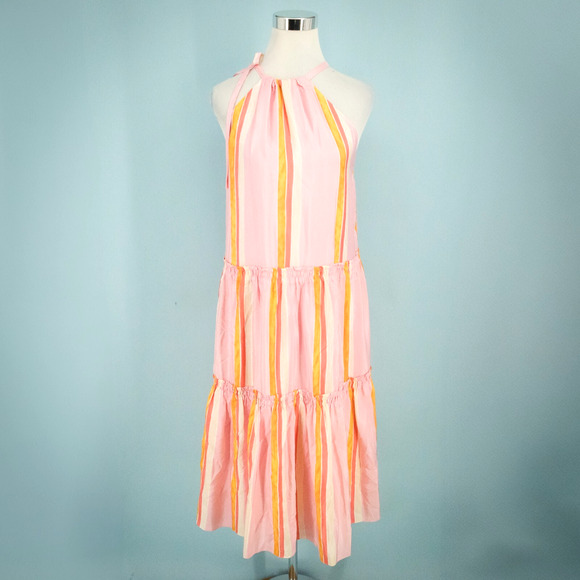 Club Monaco Size 2 Amirra Pink Stripe Layered Halter Sleeveless Midi Silk Dress - Picture 1 of 9
